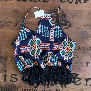 Patterned crop top with fringe